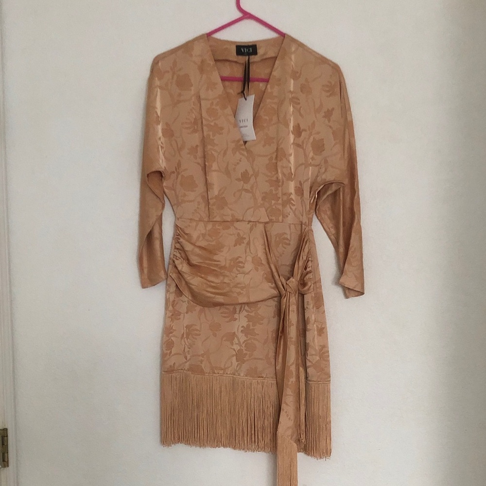 VICI Tan Floral Jacquard Fringe Wrap Dress